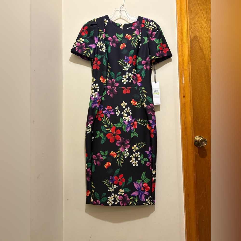 Calvin Klein Womens Dress Black Floral Scuba Knit Bodycon Sheath Zip Up 4P NWT